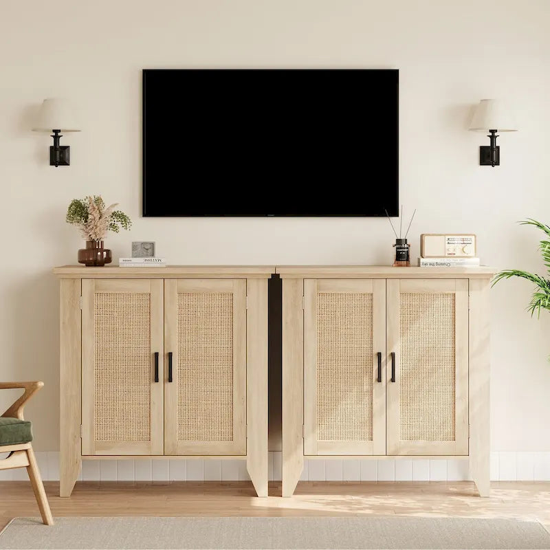 Meuble de rangement en rotin avec portes et étagères