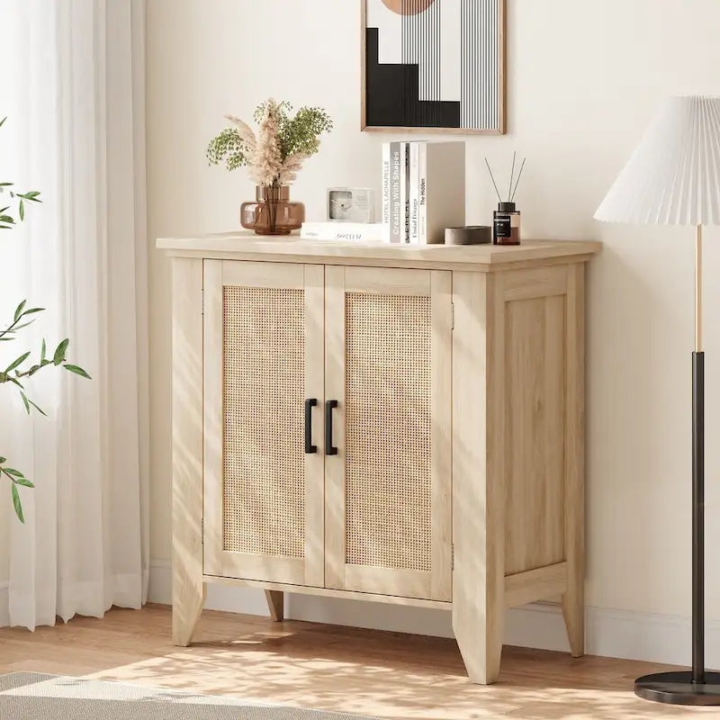 Meuble de rangement en rotin avec portes et étagères