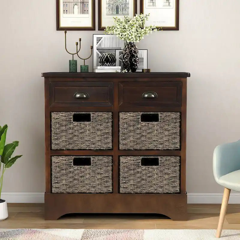 Armoire de rangement rustique avec deux tiroirs et quatre paniers classiques en rotin - 71,1 cm (L) x 30 cm (l) x 71,1 cm (H)