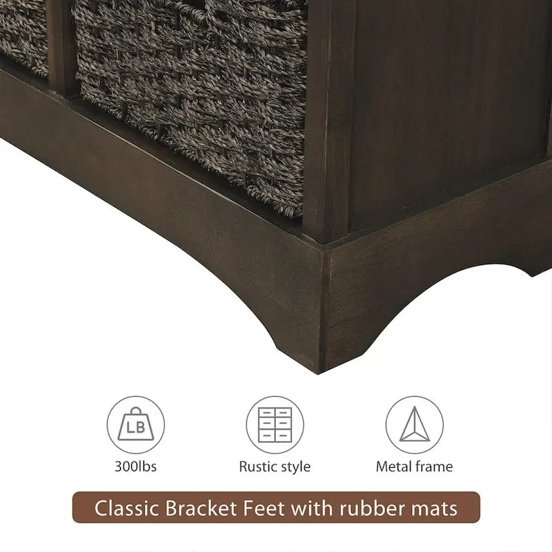 Rustic Storage Cabinet with Two Drawers and Four Classic Rattan Basket - 28L x 11.8W x 28H