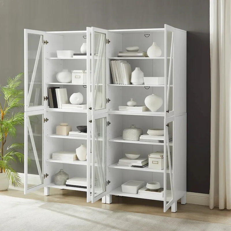2-Piece Tall Storage Pantry Set with Glass Doors, Modern Farmhouse Style, White