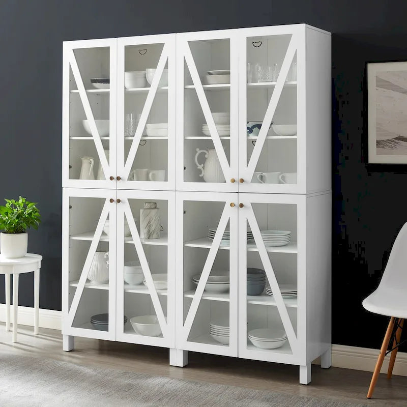 2-Piece Tall Storage Pantry Set with Glass Doors, Modern Farmhouse Style, White