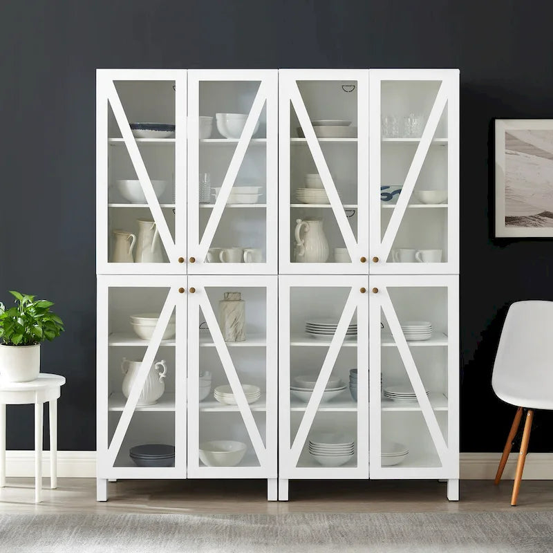 2-Piece Tall Storage Pantry Set with Glass Doors, Modern Farmhouse Style, White
