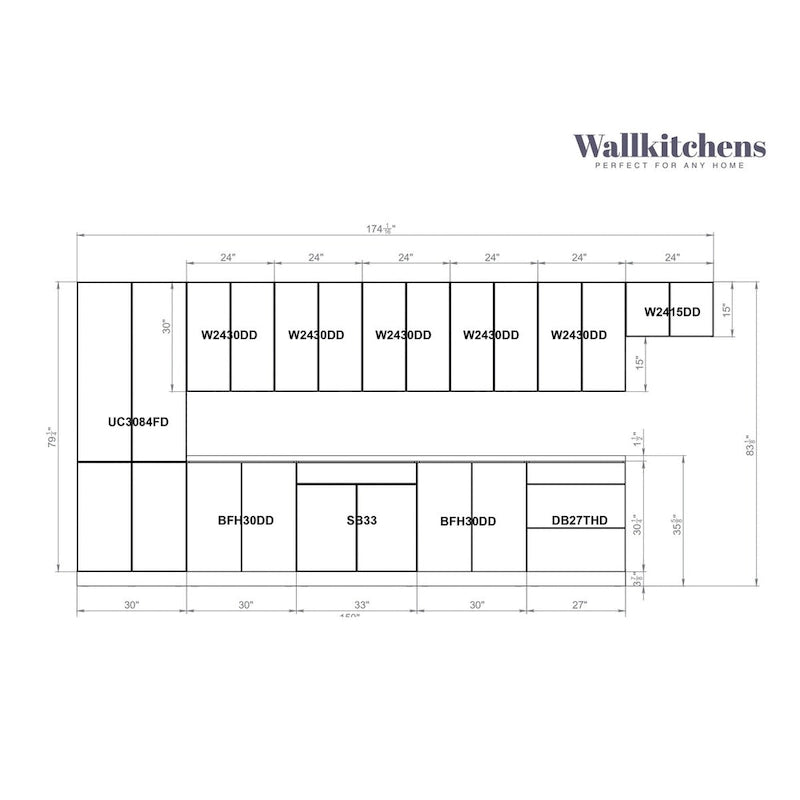 Modern Kitchen Cabinet Set Black Base 15ft Wide 174x24, Soft-Close, Adjustable Shelves