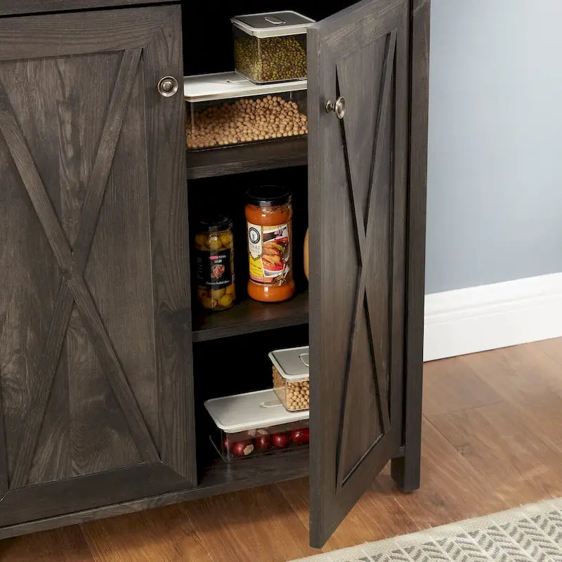 Coffee Bar Cabinet with Hollow Out Barn Design Wood Cabinet