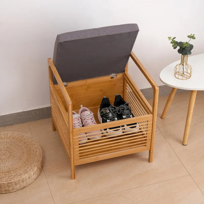 Banc de rangement carré en bambou avec coussin rembourré en mousse, naturel, 49,5 cm (l) x 54,6 cm (H)