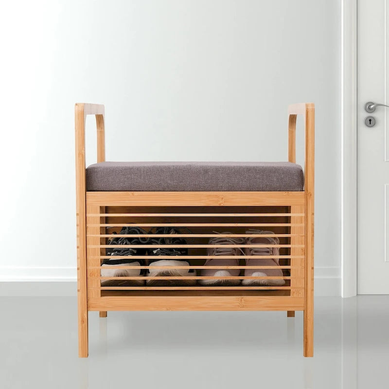 Banc de rangement carré en bambou avec coussin rembourré en mousse, naturel, 49,5 cm (l) x 54,6 cm (H)