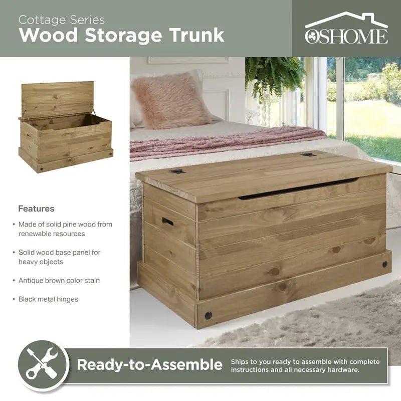 Solid Pine Wood Storage Trunk in Antique Brown, Cottage Style, Multi-Use Organizer