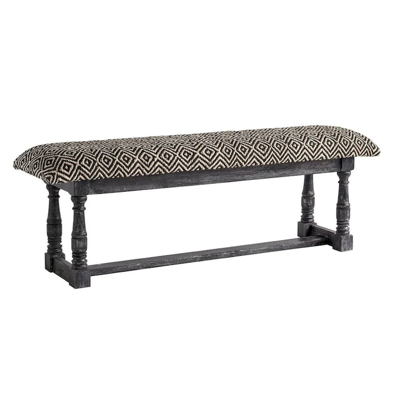 56" Upholstered Storage Bench, Black & White Trellis Cotton Blend, Gray Wood Base, 19H x 56W x 15D