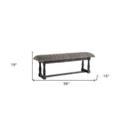 Banc de rangement capitonné 56", mélange coton treillis noir et blanc, base en bois gris, 19H x 56W x 15D