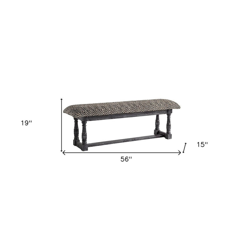 56" Upholstered Storage Bench, Black & White Trellis Cotton Blend, Gray Wood Base, 19H x 56W x 15D