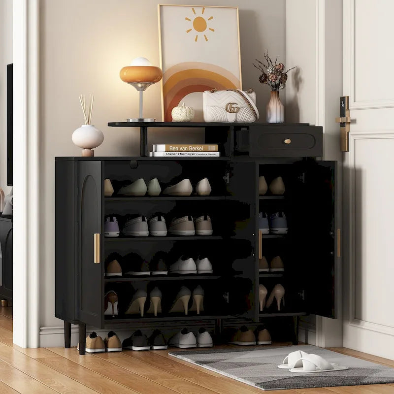 Shoe Cabinet with Arched Doors and Drawer,Cream Style Storage Sideboard with Adjustable Shelves and Solid Wood Legs