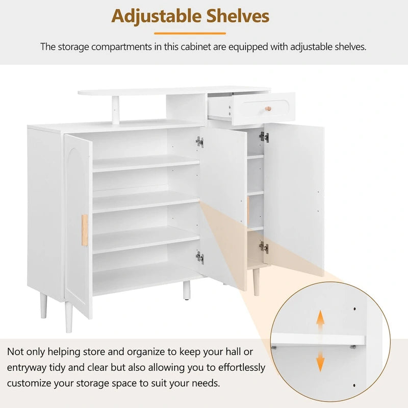Shoe Cabinet with Arched Doors and Drawer,Cream Style Storage Sideboard with Adjustable Shelves and Solid Wood Legs