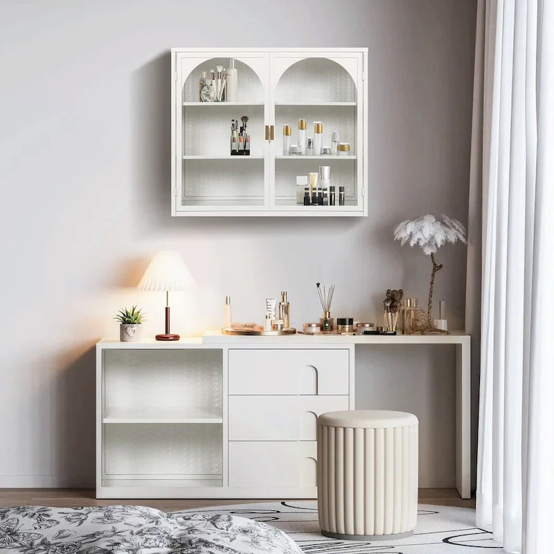 27.56Portes vitrées Armoire murale moderne à deux portes avec trois niveaux de rangement pour l'entrée, avec motif tressé caractéristique