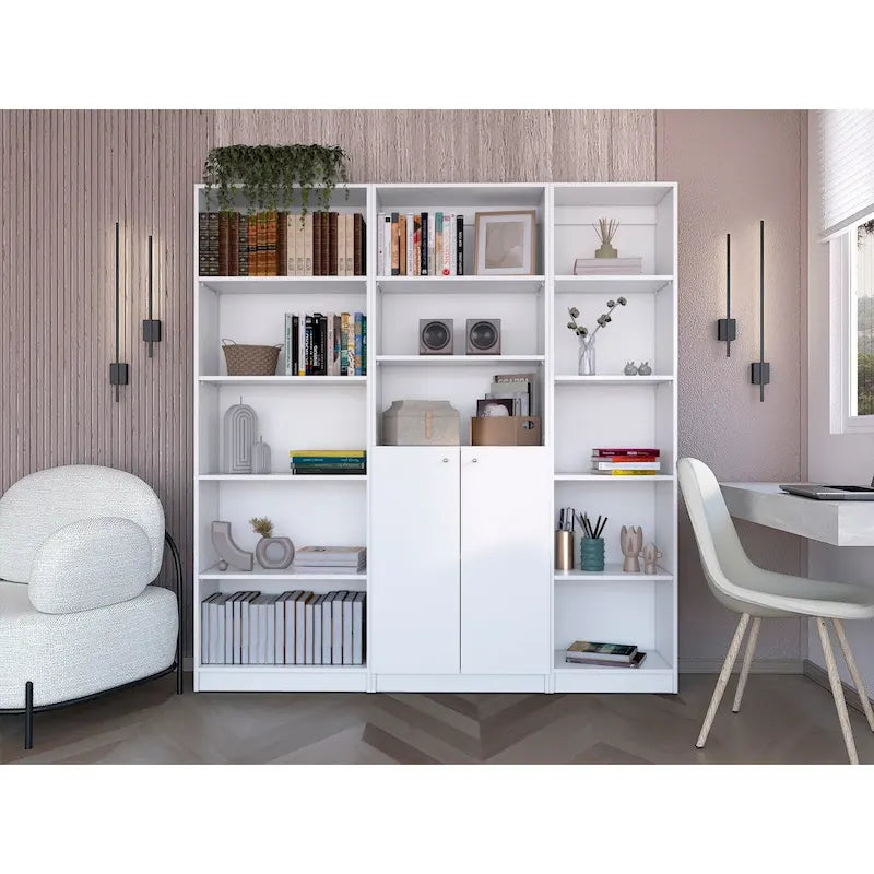 Ensemble bibliothèque 3 pièces, 170 cm de large, 5 étagères et placard, 13 étagères au total, 180 cm H x 30 cm P, garantie 1 an