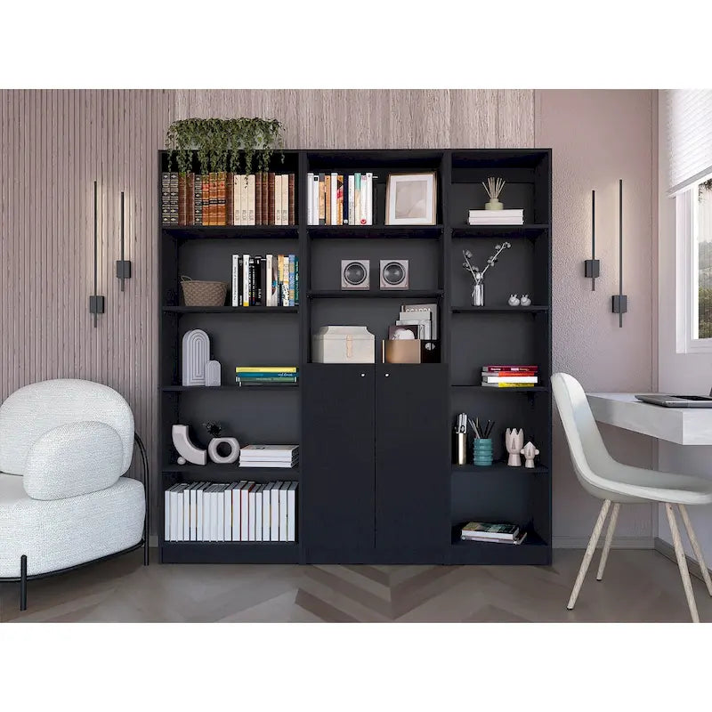 Ensemble bibliothèque 3 pièces, 170 cm de large, 5 étagères et placard, 13 étagères au total, 180 cm H x 30 cm P, garantie 1 an