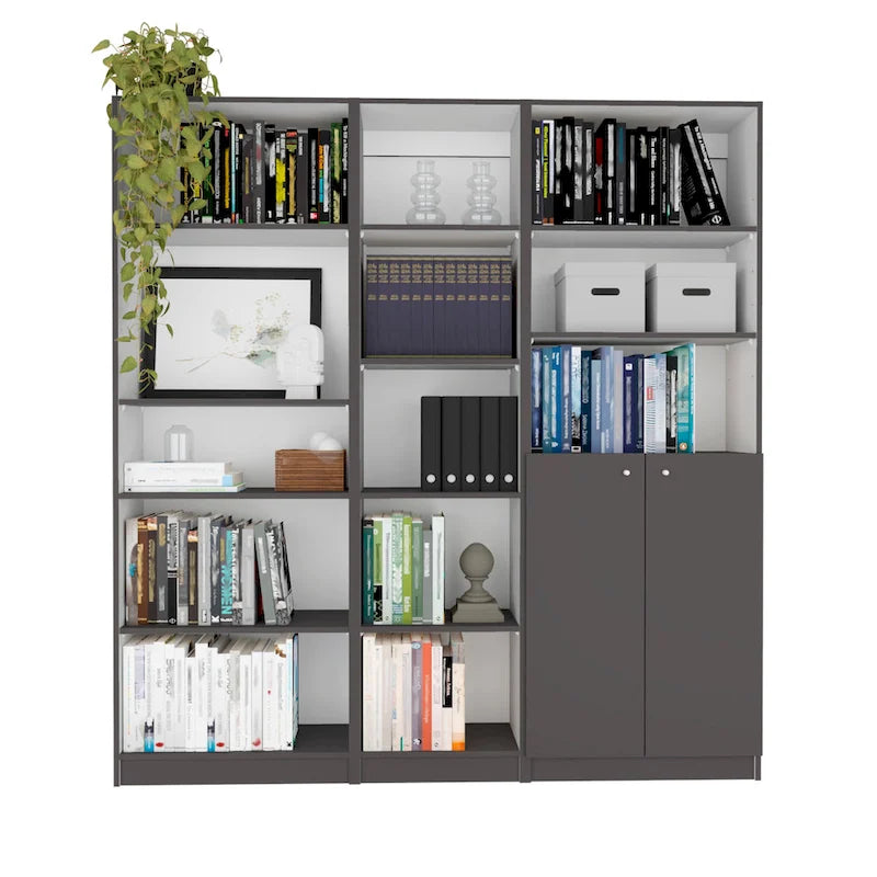 Ensemble bibliothèque 3 pièces, 170 cm de large, 5 étagères et placard, 13 étagères au total, 180 cm H x 30 cm P, garantie 1 an