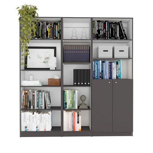 Ensemble bibliothèque 3 pièces, 170 cm de large, 5 étagères et placard, 13 étagères au total, 180 cm H x 30 cm P, garantie 1 an
