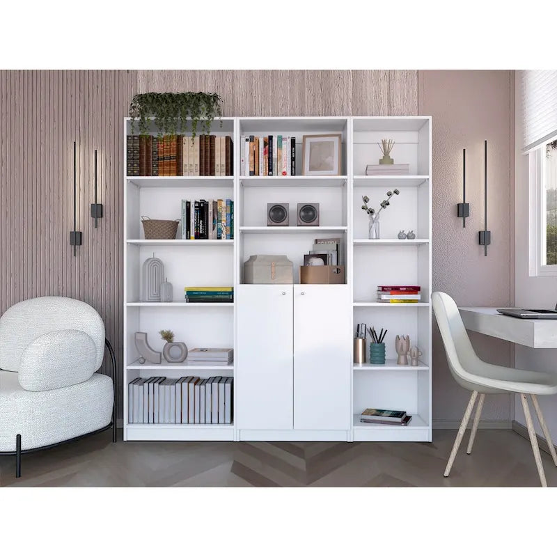 Ensemble bibliothèque 3 pièces, 170 cm de large, 5 étagères et placard, 13 étagères au total, 180 cm H x 30 cm P, garantie 1 an
