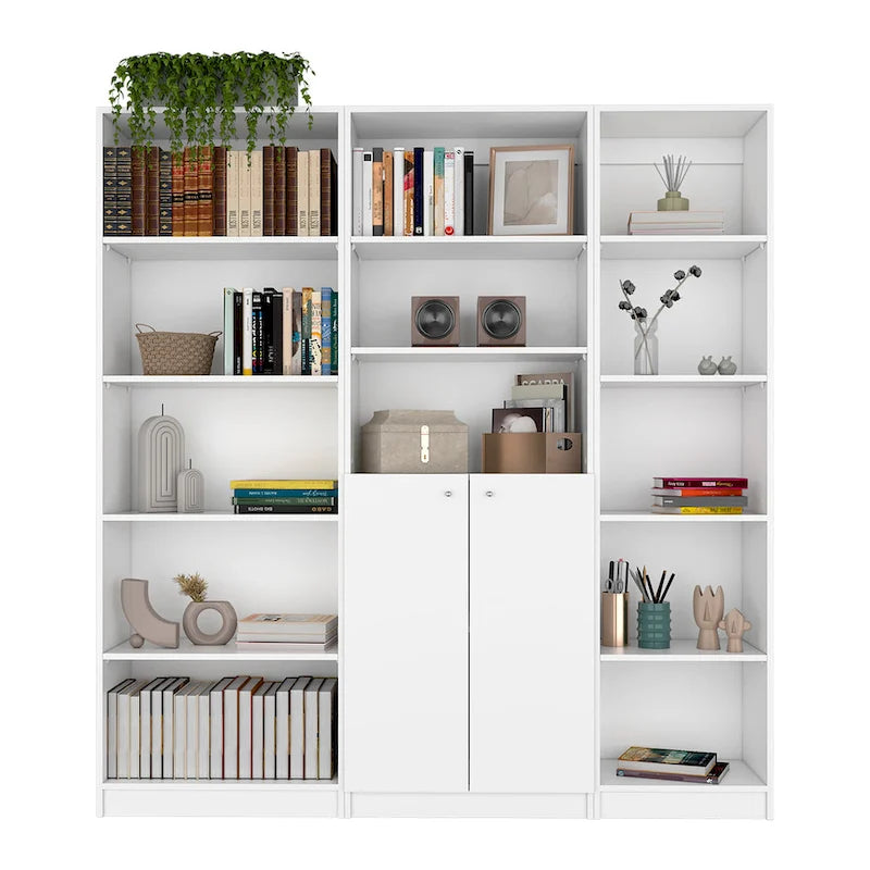 Ensemble bibliothèque 3 pièces, 170 cm de large, 5 étagères et placard, 13 étagères au total, 180 cm H x 30 cm P, garantie 1 an