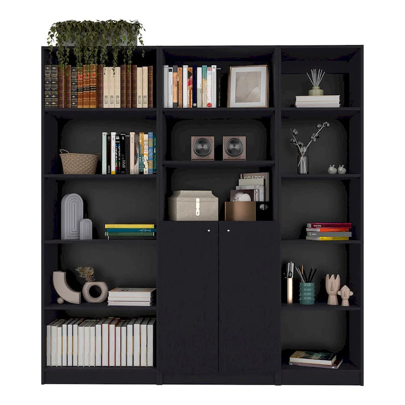 Ensemble bibliothèque 3 pièces, 170 cm de large, 5 étagères et placard, 13 étagères au total, 180 cm H x 30 cm P, garantie 1 an