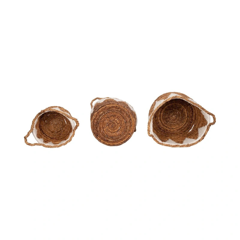 Paniers de rangement tressés à la main en feuilles de bananier, lot de 3, style bohème, finition naturelle, 25/30/35 cm de hauteur