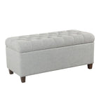 Fabric Upholstered Button Tufted Wooden Bench with Hinged Storage, Light Gray and Brown