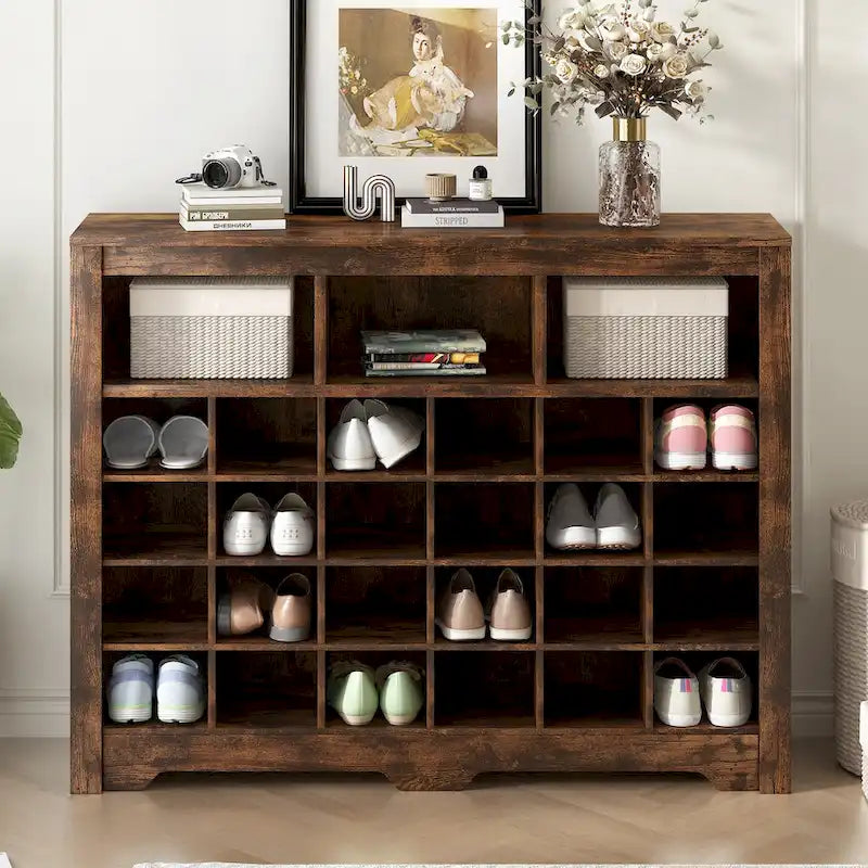 Sleek Design 24 Shoe Cubby Console, Modern Shoe Cabinet with Curved Base, Versatile Sideboard with High-quality for Hallway