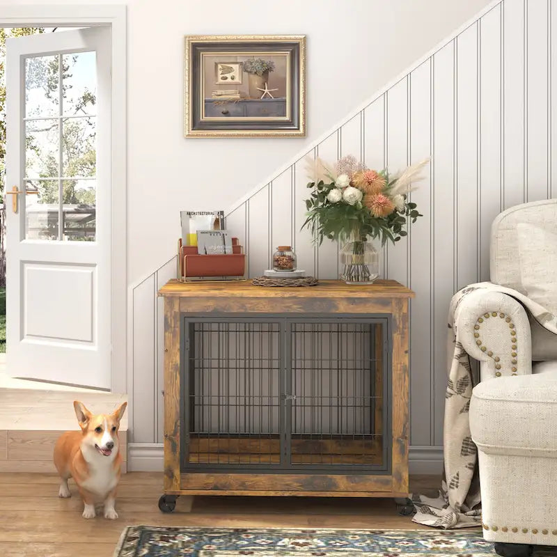 Furniture Style Dog Crate Side Table on Wheels with Double Doors and Lift Top,Rustic Brown,31.50 W x 22.05 D x 25 H.