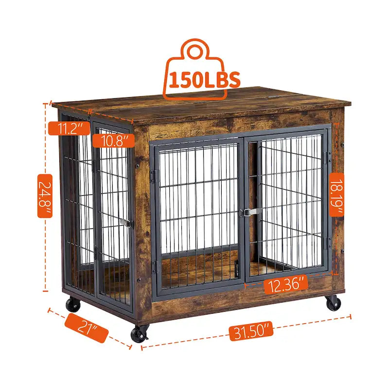 Furniture Style Dog Crate Side Table on Wheels with Double Doors and Lift Top,Rustic Brown,31.50 W x 22.05 D x 25 H.