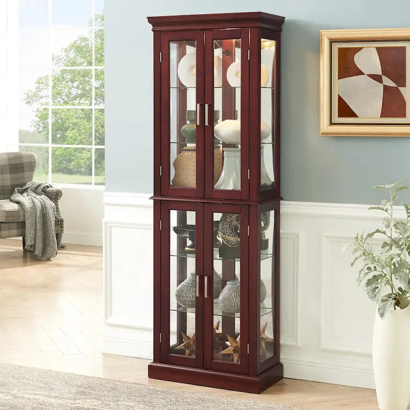 Lighted Curio Diapaly Cabinet,Adjustable Shelves,Mirrored Back Panel,Tempered Glass Doors (6 Tier),(E26 light bulb not included)