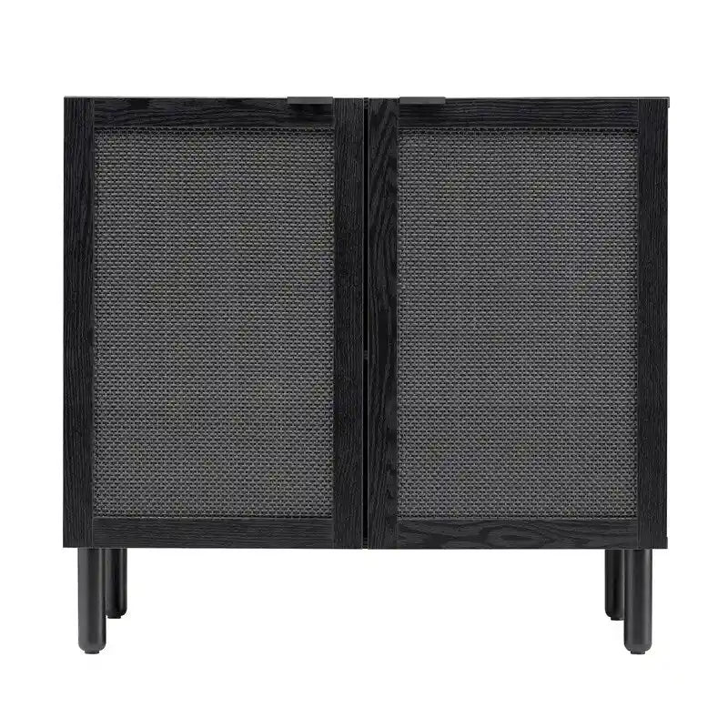 2-Door Cabinet, Black Synthetic Rattan Panels, Adjustable Shelf, Solid Wood Cylindrical Legs