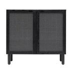 2-Door Cabinet, Black Synthetic Rattan Panels, Adjustable Shelf, Solid Wood Cylindrical Legs