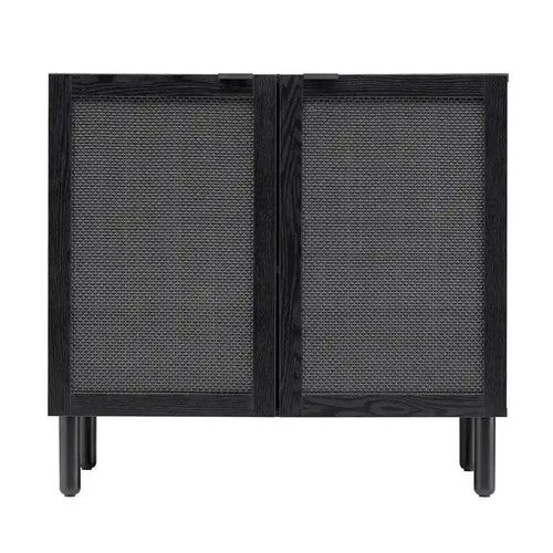 2-Door Cabinet, Black Synthetic Rattan Panels, Adjustable Shelf, Solid Wood Cylindrical Legs