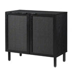 2-Door Cabinet, Black Synthetic Rattan Panels, Adjustable Shelf, Solid Wood Cylindrical Legs