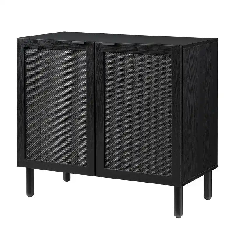2-Door Cabinet, Black Synthetic Rattan Panels, Adjustable Shelf, Solid Wood Cylindrical Legs