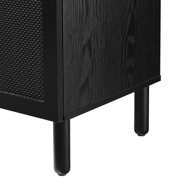 2-Door Cabinet, Black Synthetic Rattan Panels, Adjustable Shelf, Solid Wood Cylindrical Legs