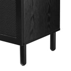2-Door Cabinet, Black Synthetic Rattan Panels, Adjustable Shelf, Solid Wood Cylindrical Legs