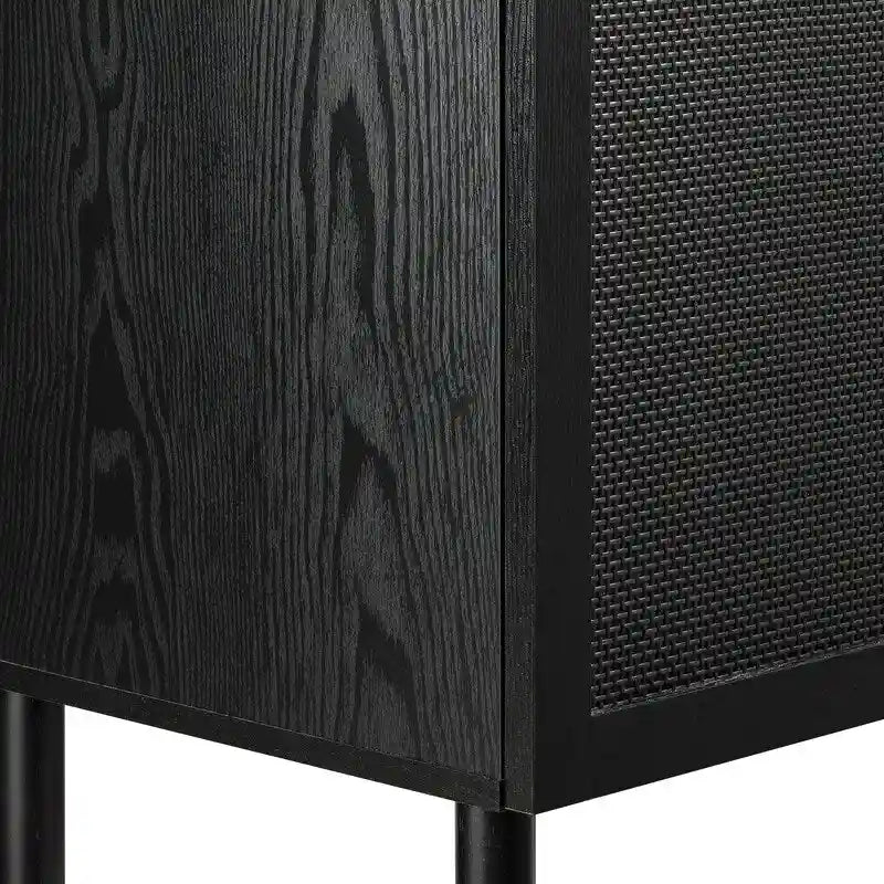 2-Door Cabinet, Black Synthetic Rattan Panels, Adjustable Shelf, Solid Wood Cylindrical Legs