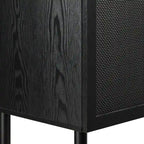 2-Door Cabinet, Black Synthetic Rattan Panels, Adjustable Shelf, Solid Wood Cylindrical Legs