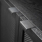 2-Door Cabinet, Black Synthetic Rattan Panels, Adjustable Shelf, Solid Wood Cylindrical Legs