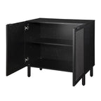 2-Door Cabinet, Black Synthetic Rattan Panels, Adjustable Shelf, Solid Wood Cylindrical Legs