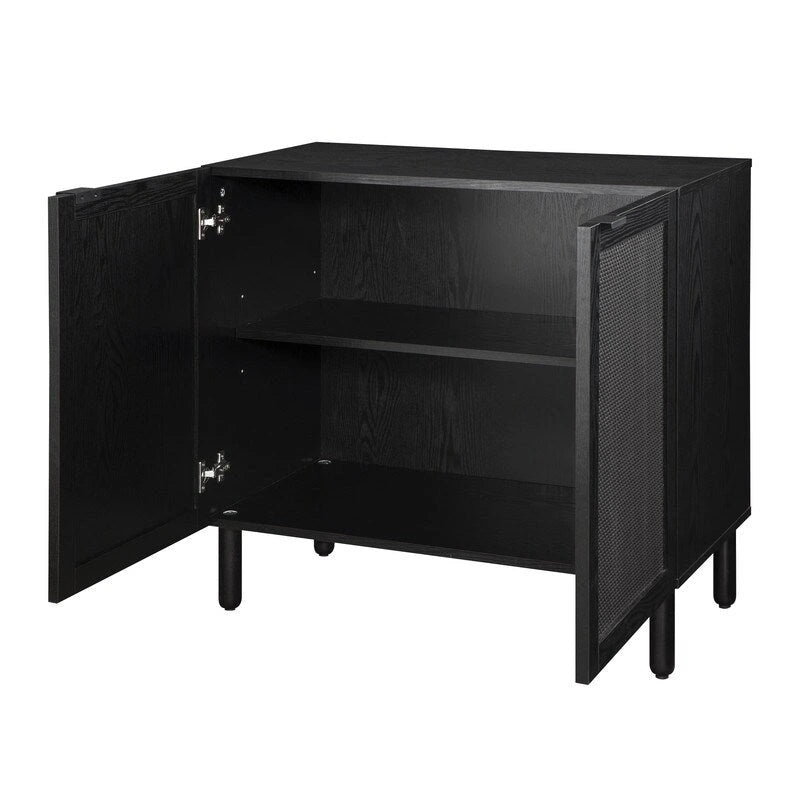 2-Door Cabinet, Black Synthetic Rattan Panels, Adjustable Shelf, Solid Wood Cylindrical Legs