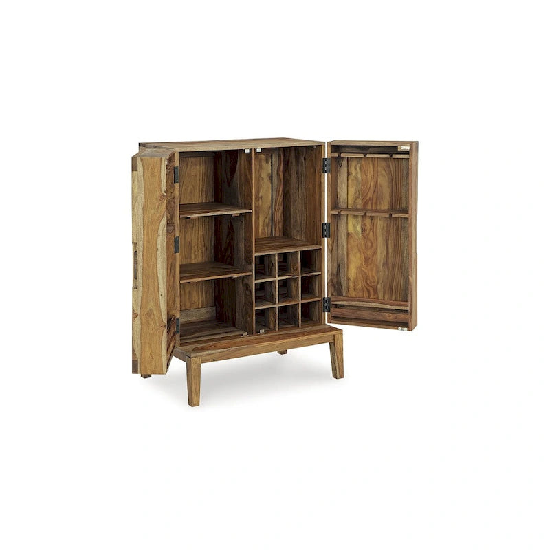 Bar Cabinet with Wine Bottle Storage, 9-Bottle Rack, 12-Glass Holder, Sheesham Wood, 32W x 20D x 45H