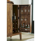 Meuble bar avec rangement pour bouteilles de vin, casier 9 bouteilles, support 12 verres, bois de sheesham, 32L x 20P x 45H