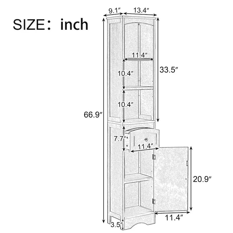 Meuble Colonne de Salle de Bain Autonome avec Tiroir - 34 x 23 x 170 cm (L x l x H)