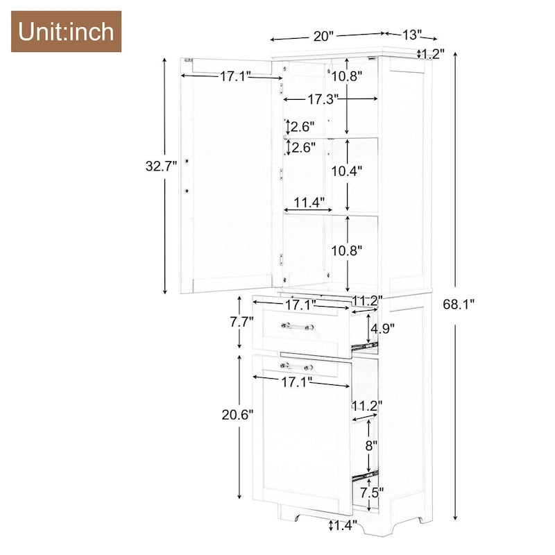 Meuble de rangement haut pour salle de bain, Armoire de rangement autonome avec deux tiroirs de tailles différentes et étagère réglable, Panneau MDF