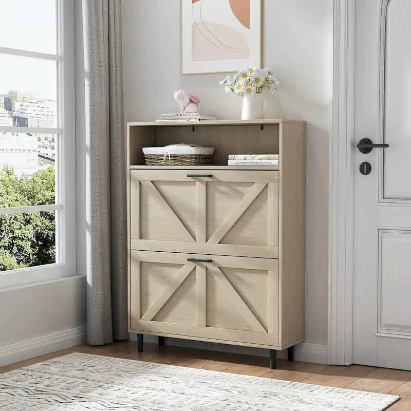 Meuble à chaussures avec porte coulissante type "grange", organisateur de chaussures avec 2 tiroirs basculants, meuble à chaussures autoportant avec rangement ouvert