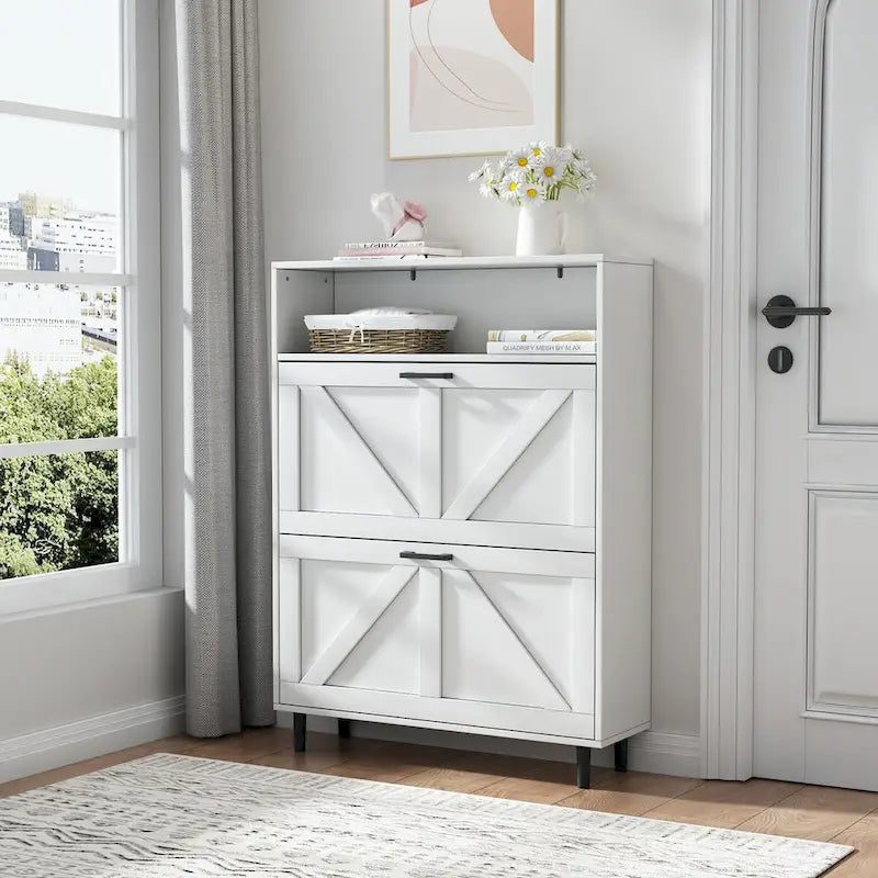 Shoe Storage Cabinet with Barn Door Design,Shoe Organizer with 2 Flip Drawers,Freestanding Shoe Rack Cabinet with Open Storage