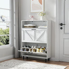 Meuble à chaussures avec porte coulissante type "grange", organisateur de chaussures avec 2 tiroirs basculants, meuble à chaussures autoportant avec rangement ouvert